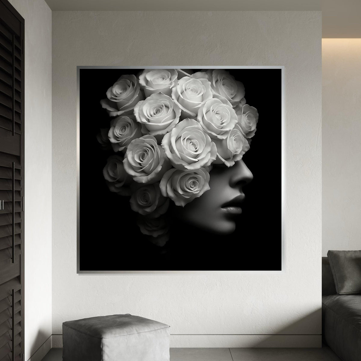 Floral Woman Canvas, Rose Head Woman Art, Monochrome Rose Print, Wall Art Canvas Design, Ready to Hang Decoration, Elegant Flower Art