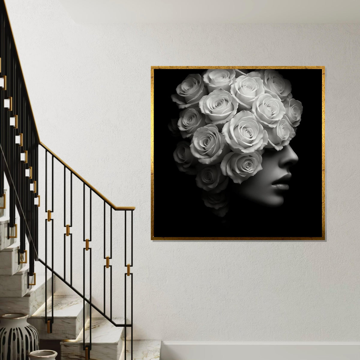 Floral Woman Canvas, Rose Head Woman Art, Monochrome Rose Print, Wall Art Canvas Design, Ready to Hang Decoration, Elegant Flower Art