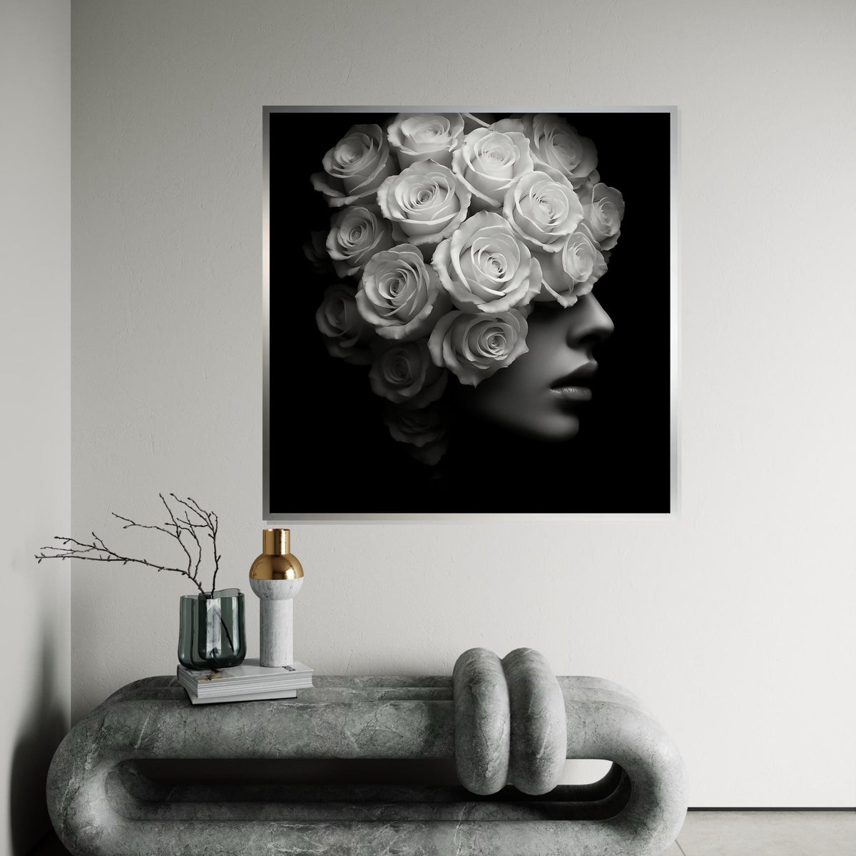 Floral Woman Canvas, Rose Head Woman Art, Monochrome Rose Print, Wall Art Canvas Design, Ready to Hang Decoration, Elegant Flower Art