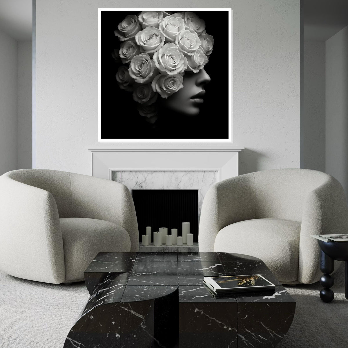 Floral Woman Canvas, Rose Head Woman Art, Monochrome Rose Print, Wall Art Canvas Design, Ready to Hang Decoration, Elegant Flower Art