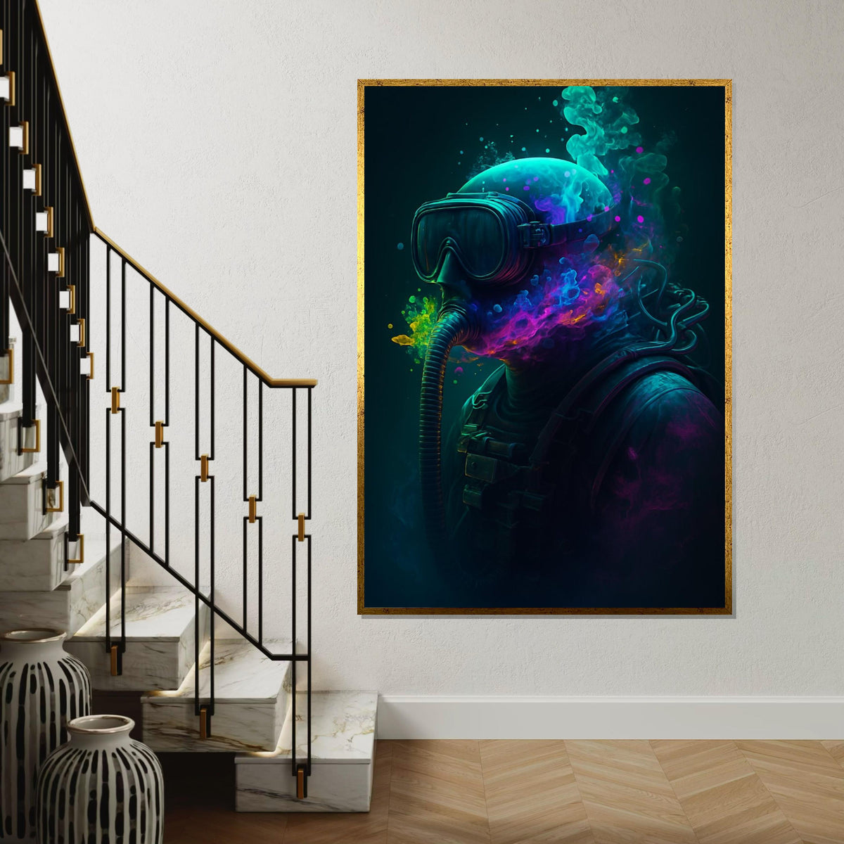 Underwater Psychedelic Diver Canvas, Colorful Deep Sea Wall Art, Surreal Ocean Diver Poster, Trippy Scuba Art Print, Wall Art Canvas Design