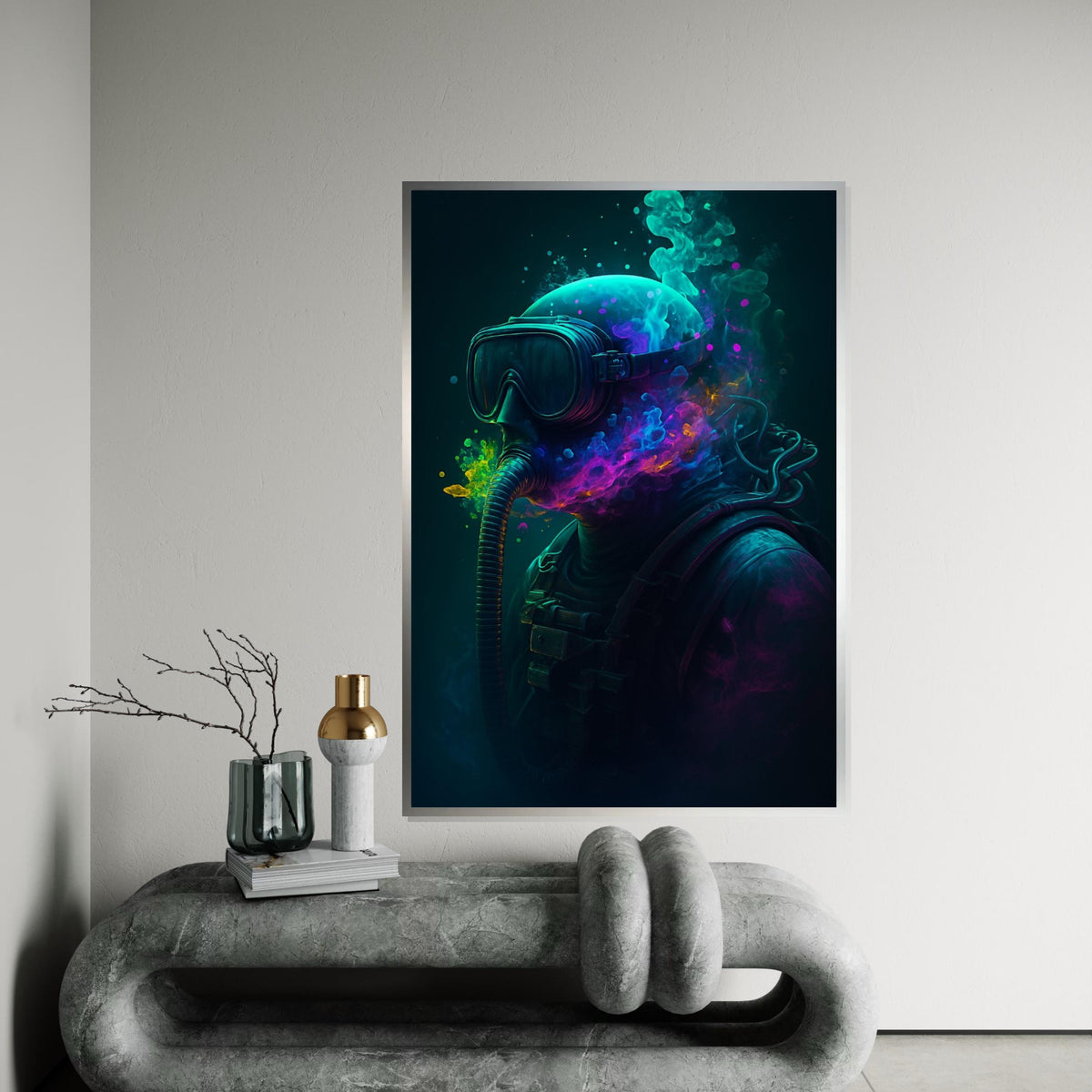 Underwater Psychedelic Diver Canvas, Colorful Deep Sea Wall Art, Surreal Ocean Diver Poster, Trippy Scuba Art Print, Wall Art Canvas Design