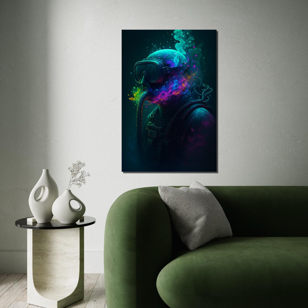 Underwater Psychedelic Diver Canvas, Colorful Deep Sea Wall Art, Surreal Ocean Diver Poster, Trippy Scuba Art Print, Wall Art Canvas Design