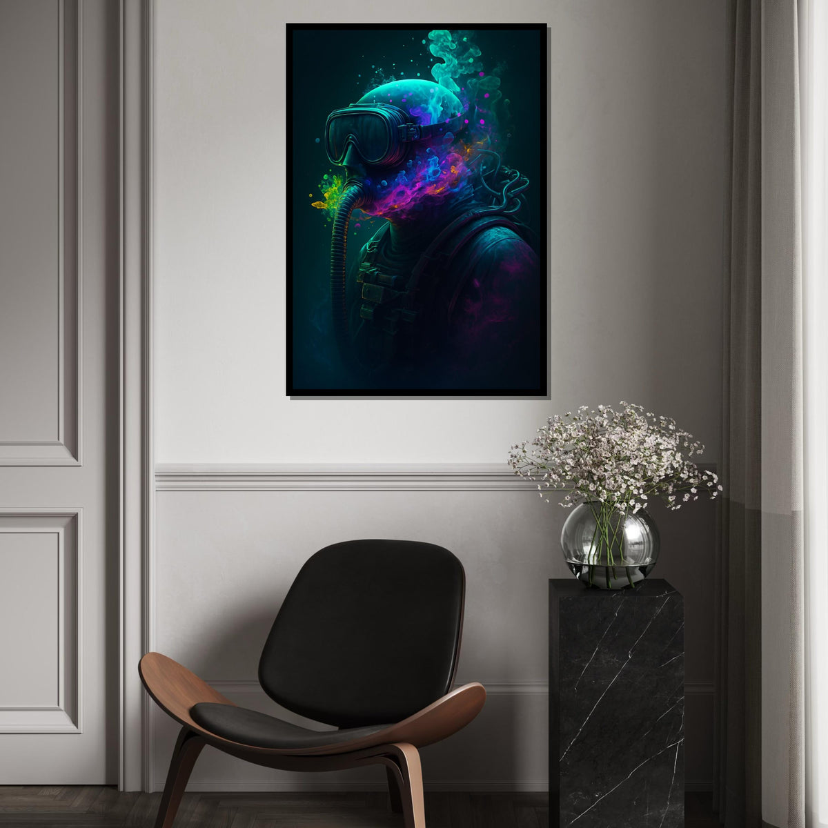 Underwater Psychedelic Diver Canvas, Colorful Deep Sea Wall Art, Surreal Ocean Diver Poster, Trippy Scuba Art Print, Wall Art Canvas Design