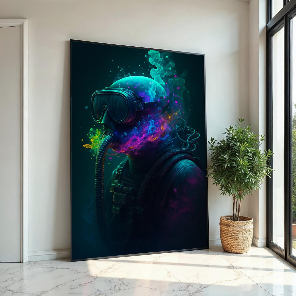 Underwater Psychedelic Diver Canvas, Colorful Deep Sea Wall Art, Surreal Ocean Diver Poster, Trippy Scuba Art Print, Wall Art Canvas Design