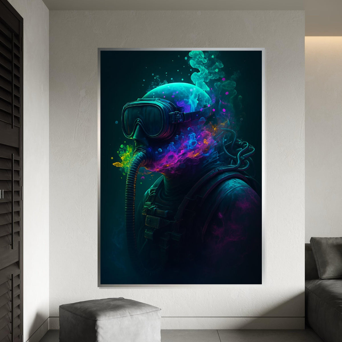Underwater Psychedelic Diver Canvas, Colorful Deep Sea Wall Art, Surreal Ocean Diver Poster, Trippy Scuba Art Print, Wall Art Canvas Design