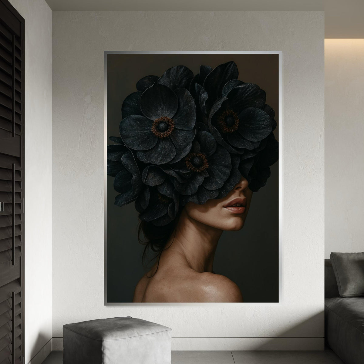 Floral Veiled Woman Canvas, Woman with Dark Flowers Wall Art, Elegant Portrait Art, Wall Art Canvas Design, Ready to Hang Decoration
