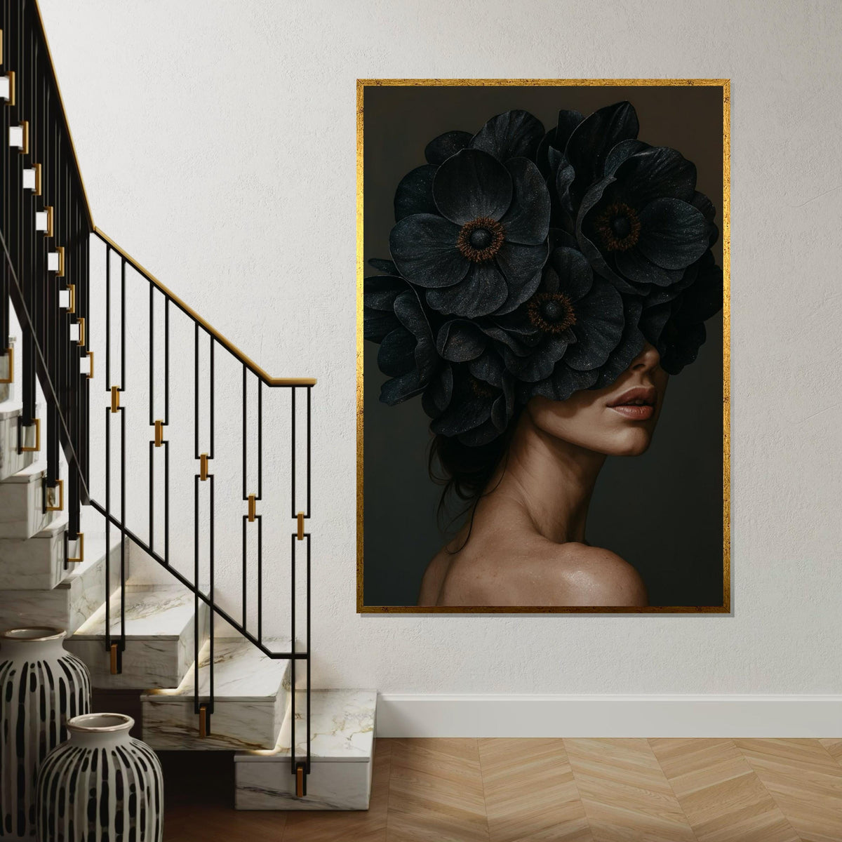 Floral Veiled Woman Canvas, Woman with Dark Flowers Wall Art, Elegant Portrait Art, Wall Art Canvas Design, Ready to Hang Decoration