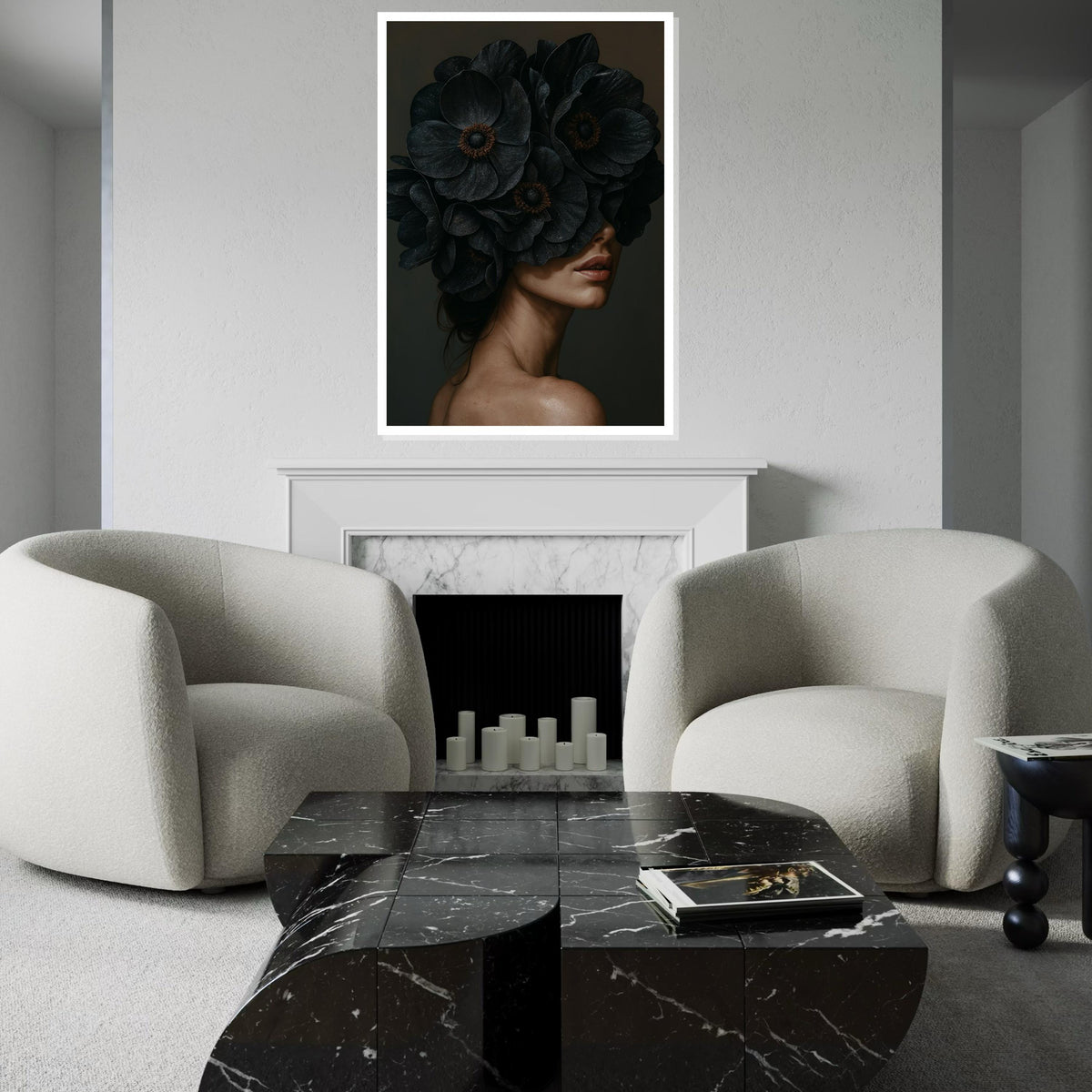 Floral Veiled Woman Canvas, Woman with Dark Flowers Wall Art, Elegant Portrait Art, Wall Art Canvas Design, Ready to Hang Decoration
