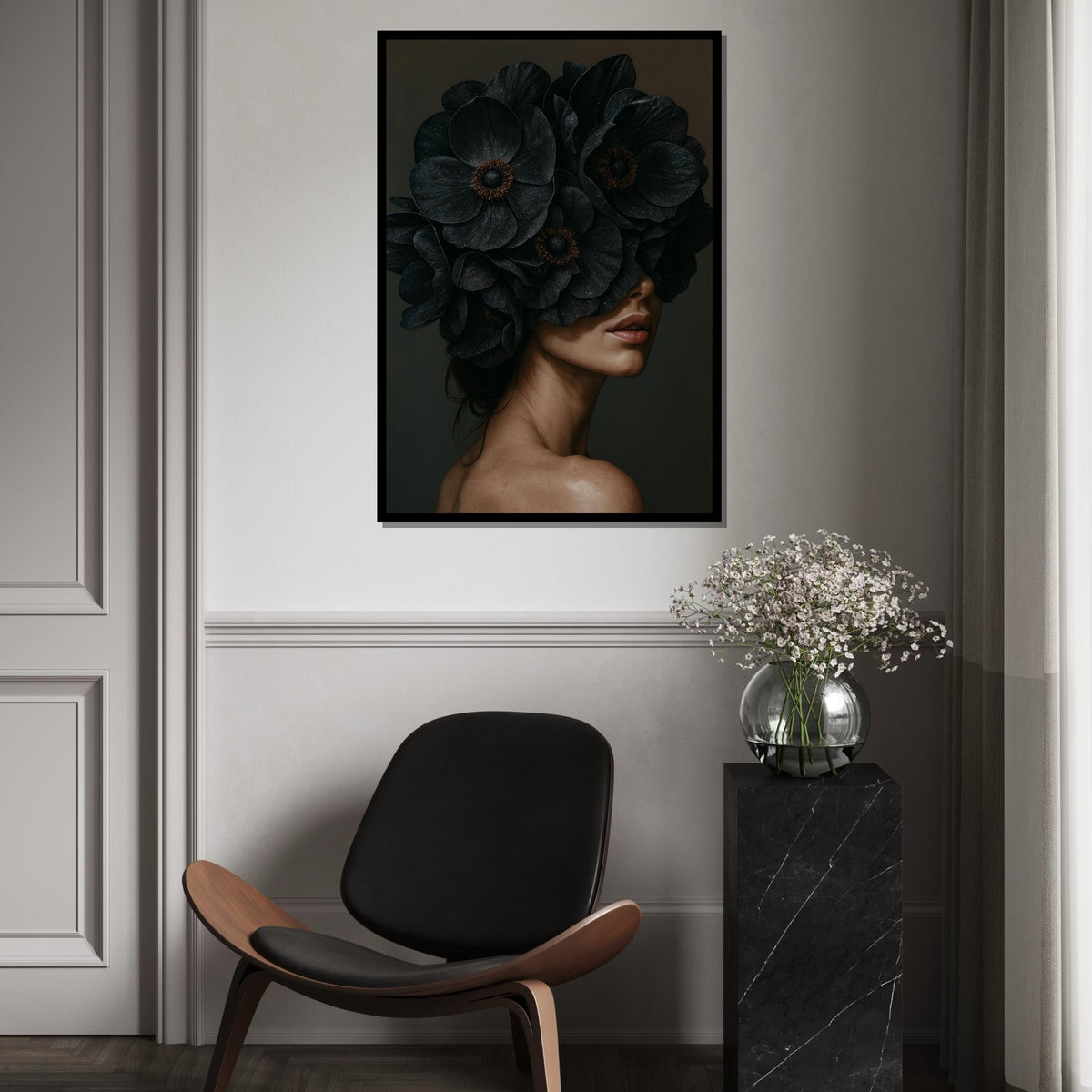 Floral Veiled Woman Canvas, Woman with Dark Flowers Wall Art, Elegant Portrait Art, Wall Art Canvas Design, Ready to Hang Decoration