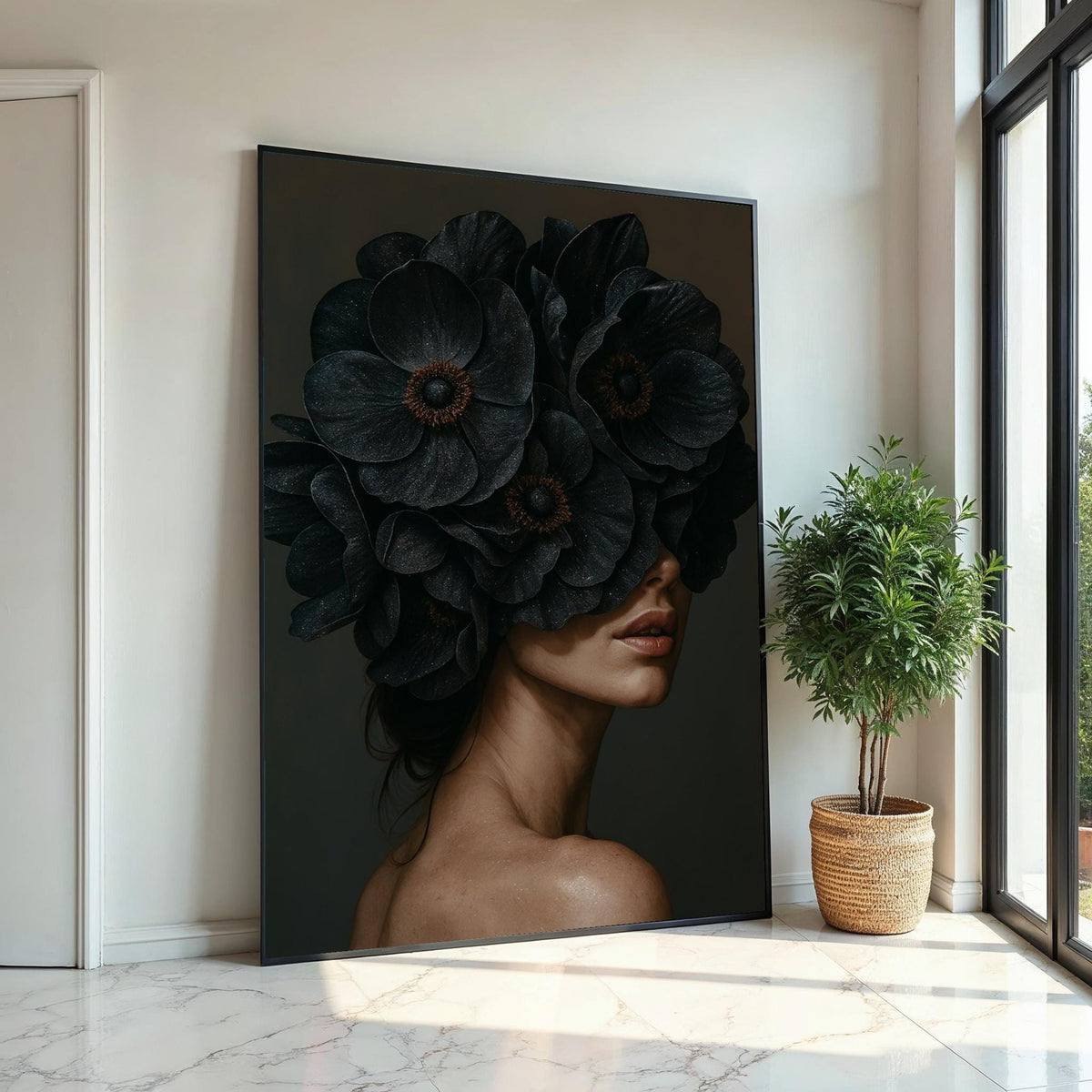 Floral Veiled Woman Canvas, Woman with Dark Flowers Wall Art, Elegant Portrait Art, Wall Art Canvas Design, Ready to Hang Decoration