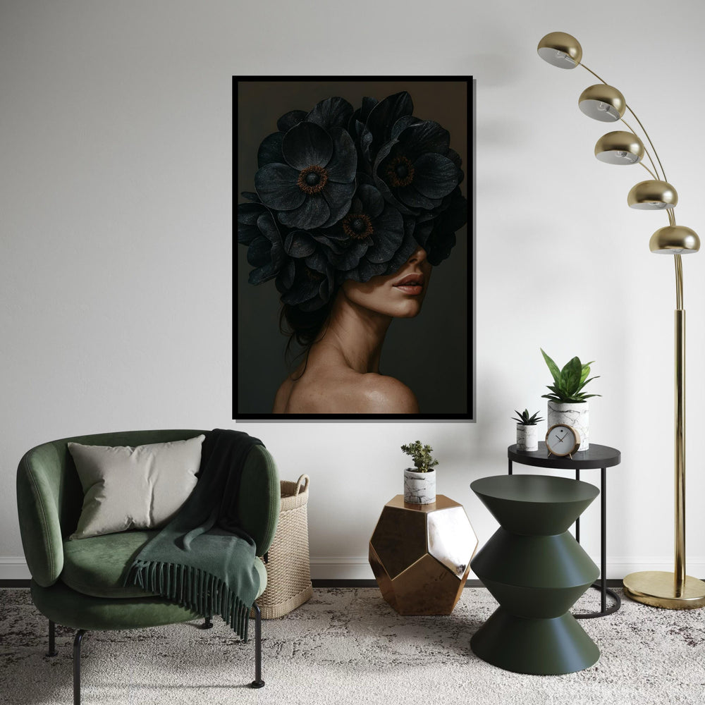 Floral Veiled Woman Canvas, Woman with Dark Flowers Wall Art, Elegant Portrait Art, Wall Art Canvas Design, Ready to Hang Decoration
