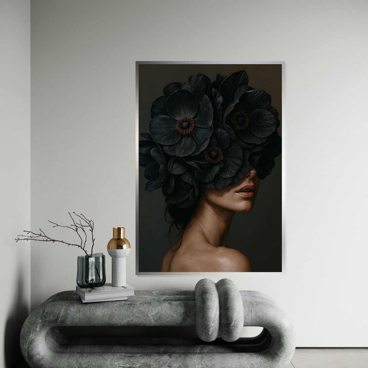Floral Veiled Woman Canvas, Woman with Dark Flowers Wall Art, Elegant Portrait Art, Wall Art Canvas Design, Ready to Hang Decoration