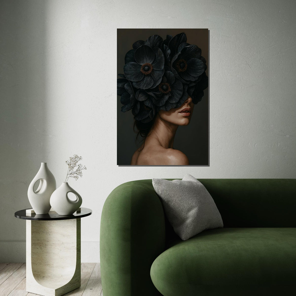 Floral Veiled Woman Canvas, Woman with Dark Flowers Wall Art, Elegant Portrait Art, Wall Art Canvas Design, Ready to Hang Decoration