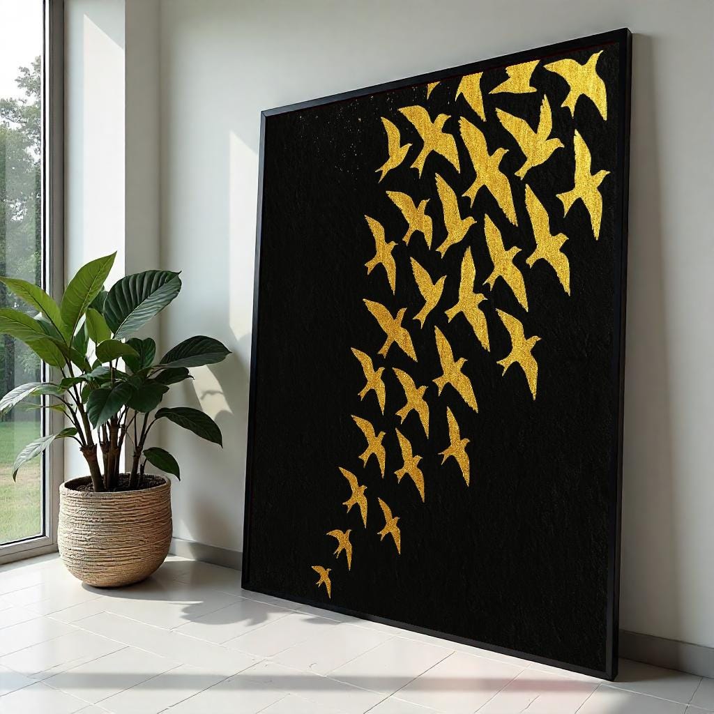 Golden Bird Flock Canvas, Abstract Bird Wall Art, Black and Gold Poster, Wall Art Canvas Design, Ready to Hang Decoration, Modern Art