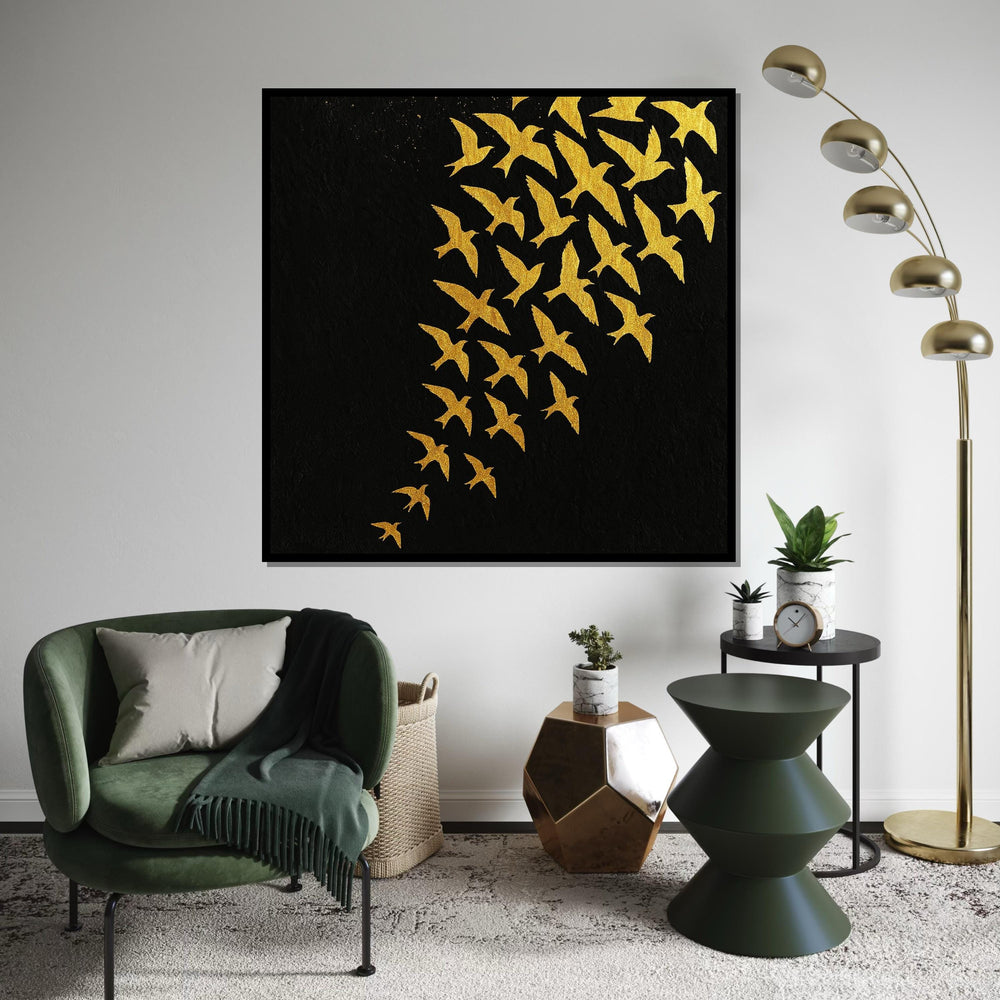 Golden Bird Flock Canvas, Abstract Bird Wall Art, Black and Gold Poster, Wall Art Canvas Design, Ready to Hang Decoration, Modern Art