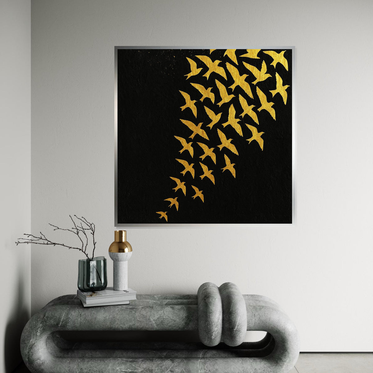 Golden Bird Flock Canvas, Abstract Bird Wall Art, Black and Gold Poster, Wall Art Canvas Design, Ready to Hang Decoration, Modern Art