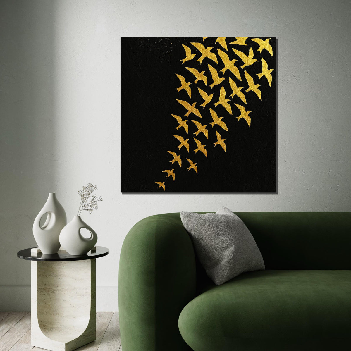 Golden Bird Flock Canvas, Abstract Bird Wall Art, Black and Gold Poster, Wall Art Canvas Design, Ready to Hang Decoration, Modern Art