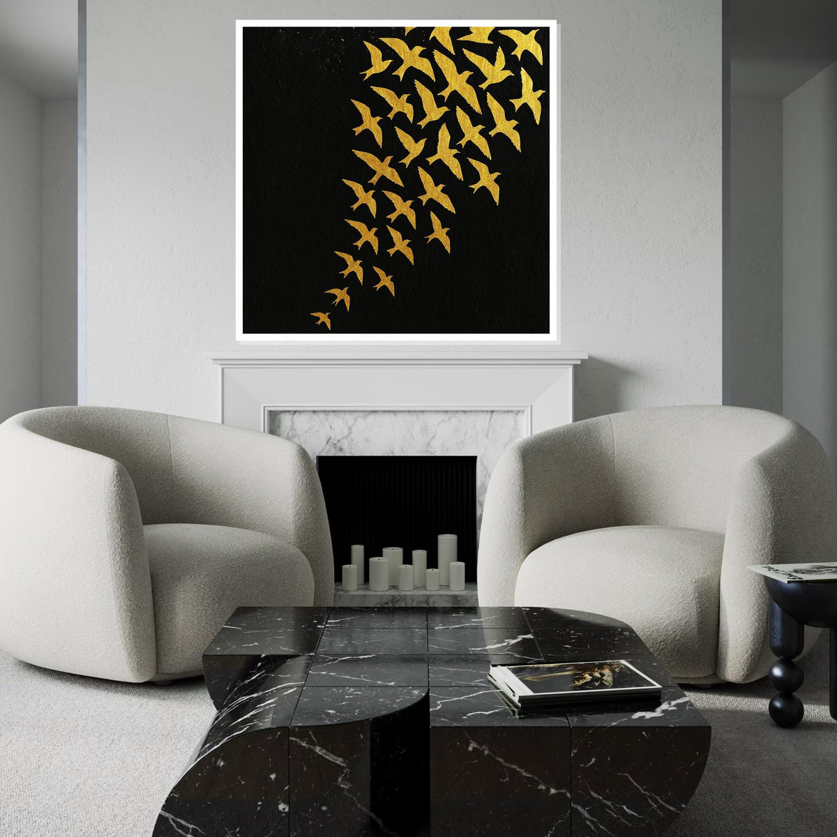 Golden Bird Flock Canvas, Abstract Bird Wall Art, Black and Gold Poster, Wall Art Canvas Design, Ready to Hang Decoration, Modern Art