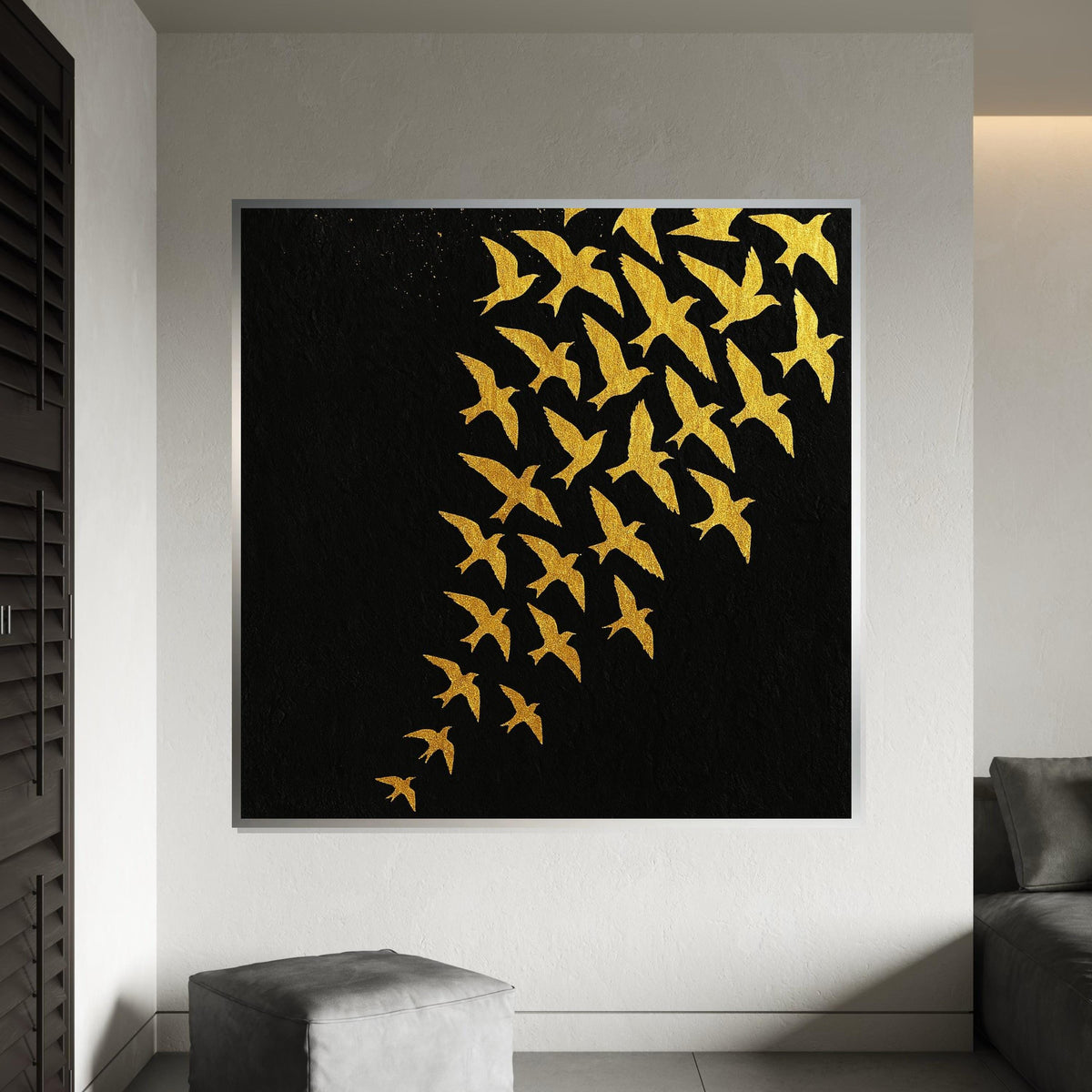 Golden Bird Flock Canvas, Abstract Bird Wall Art, Black and Gold Poster, Wall Art Canvas Design, Ready to Hang Decoration, Modern Art