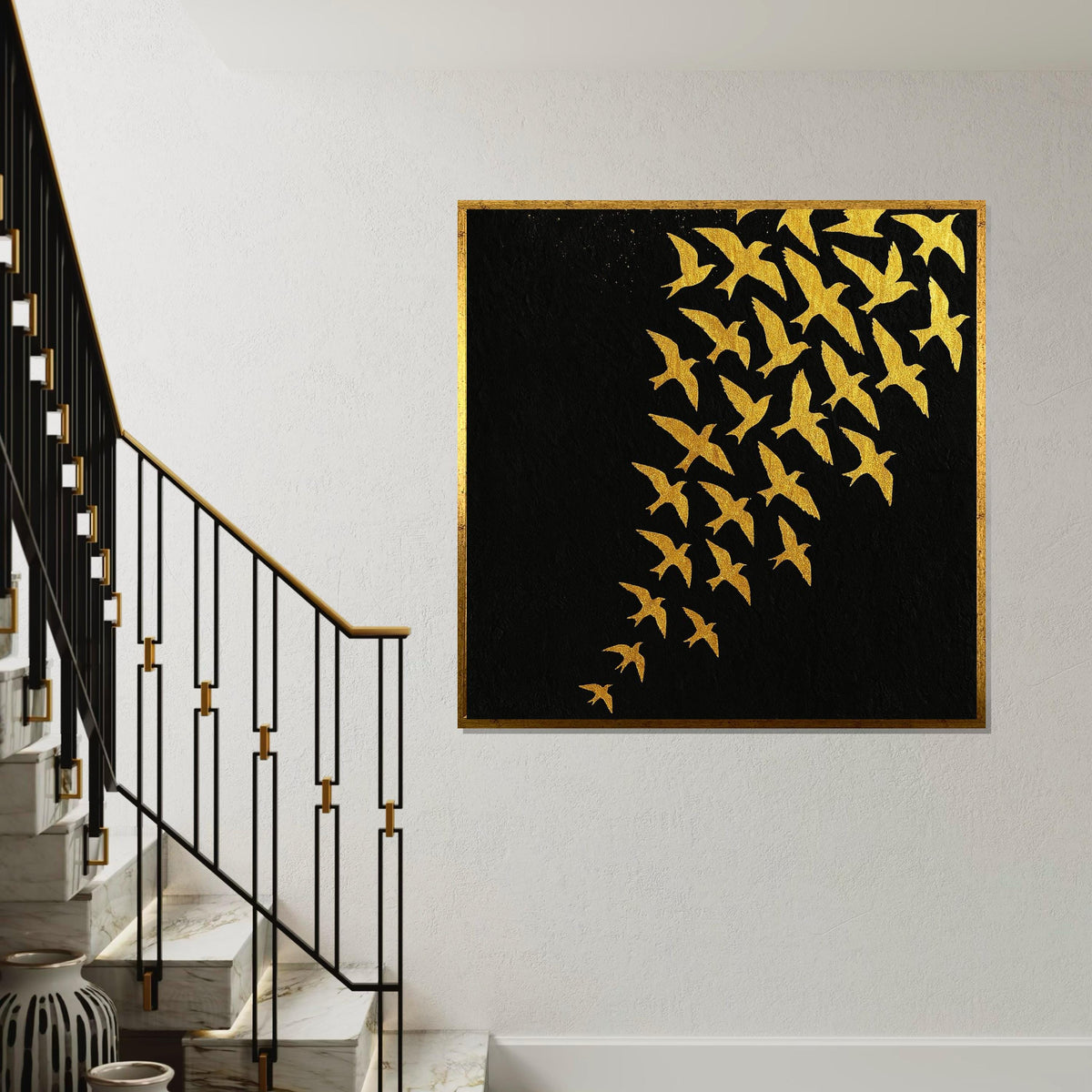 Golden Bird Flock Canvas, Abstract Bird Wall Art, Black and Gold Poster, Wall Art Canvas Design, Ready to Hang Decoration, Modern Art
