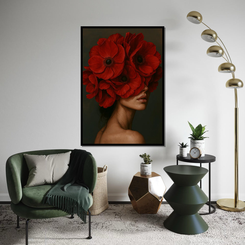 Red Bloom Headpiece Canvas, Floral Face Art, Elegant Woman Wall Art, Flower Canvas Design, Ready To Hang Home Decoration