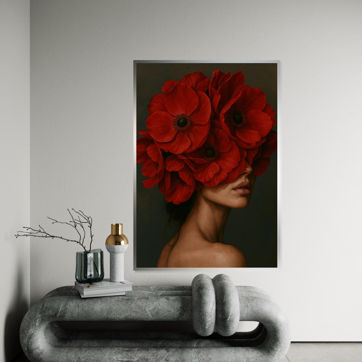 Red Bloom Headpiece Canvas, Floral Face Art, Elegant Woman Wall Art, Flower Canvas Design, Ready To Hang Home Decoration