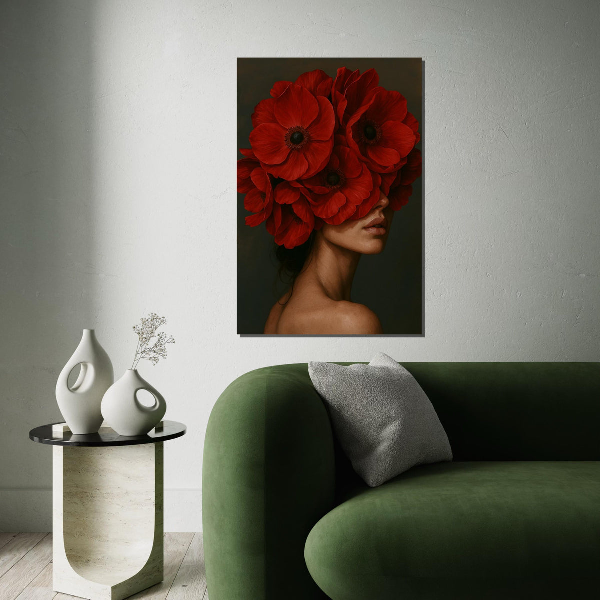Red Bloom Headpiece Canvas, Floral Face Art, Elegant Woman Wall Art, Flower Canvas Design, Ready To Hang Home Decoration