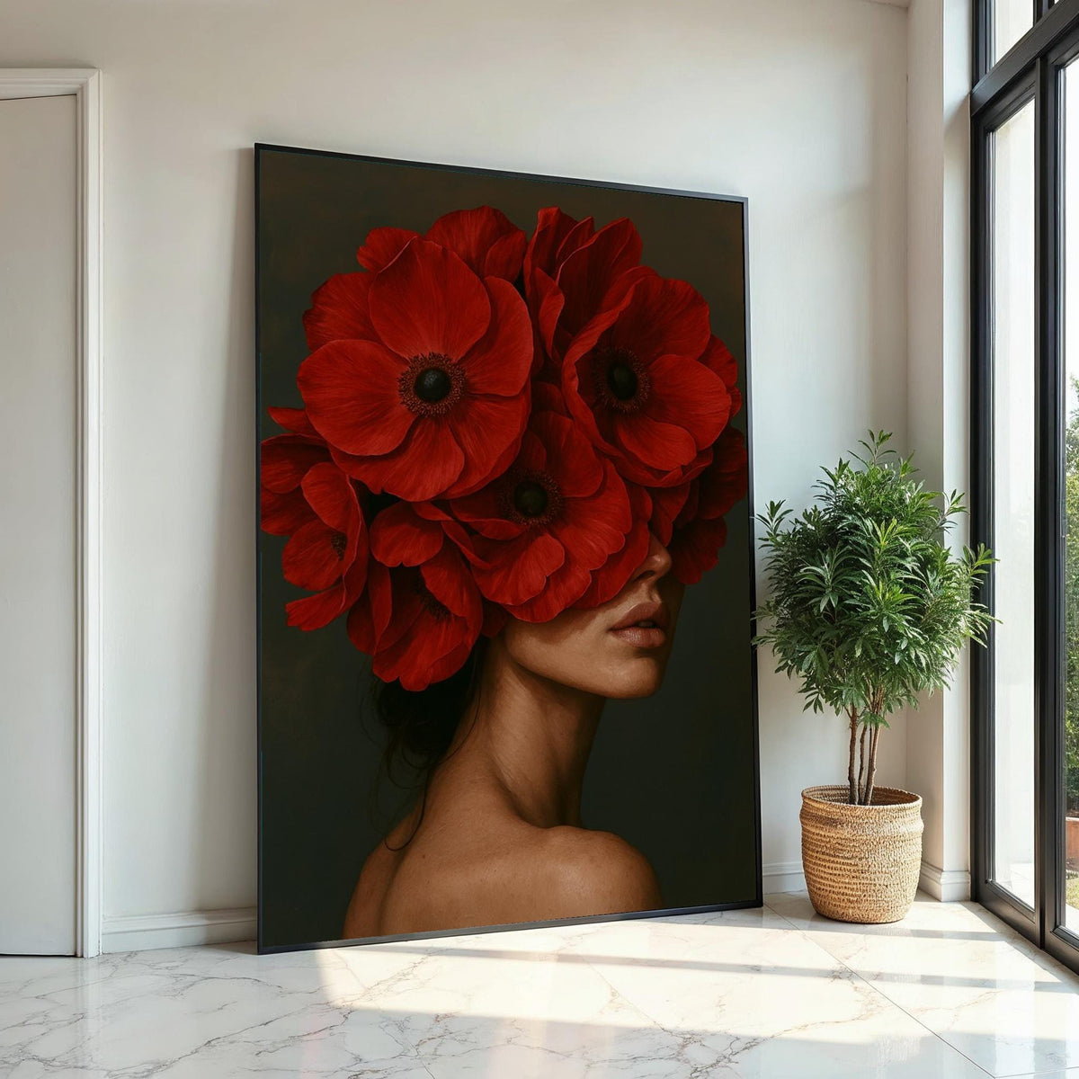Red Bloom Headpiece Canvas, Floral Face Art, Elegant Woman Wall Art, Flower Canvas Design, Ready To Hang Home Decoration