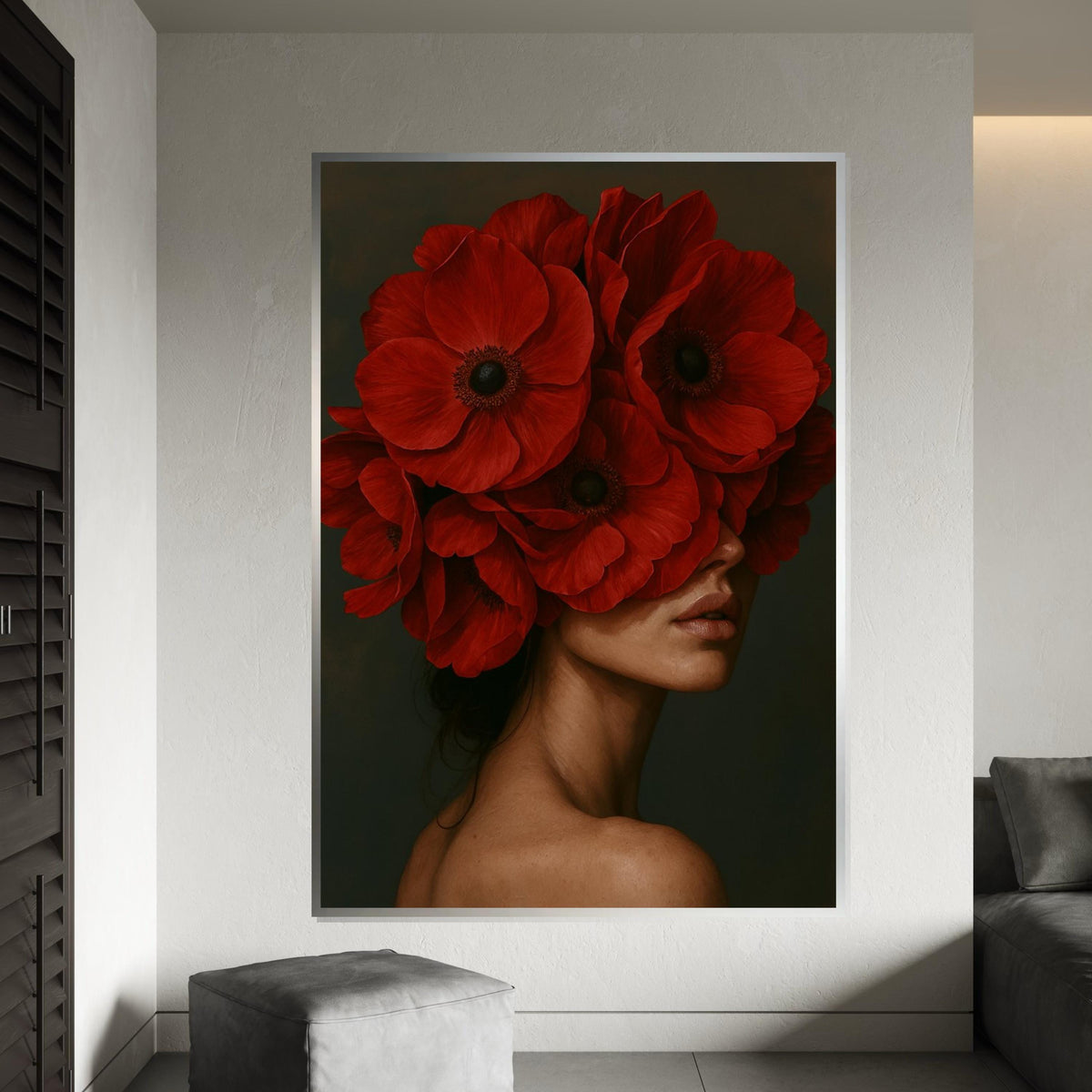Red Bloom Headpiece Canvas, Floral Face Art, Elegant Woman Wall Art, Flower Canvas Design, Ready To Hang Home Decoration