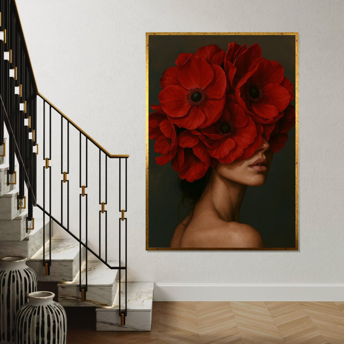 Red Bloom Headpiece Canvas, Floral Face Art, Elegant Woman Wall Art, Flower Canvas Design, Ready To Hang Home Decoration