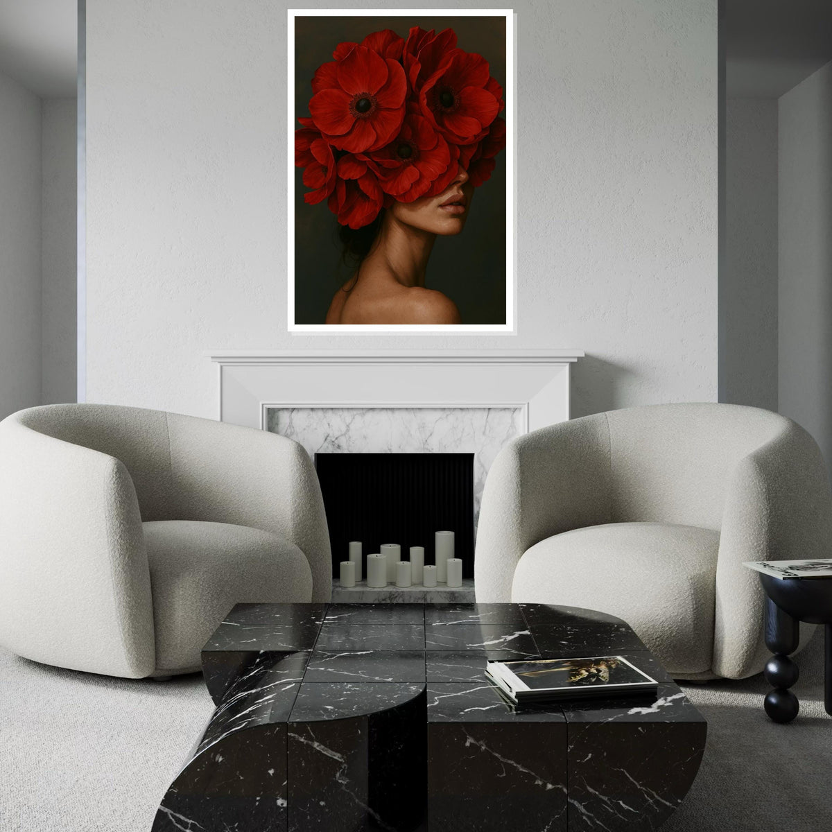 Red Bloom Headpiece Canvas, Floral Face Art, Elegant Woman Wall Art, Flower Canvas Design, Ready To Hang Home Decoration