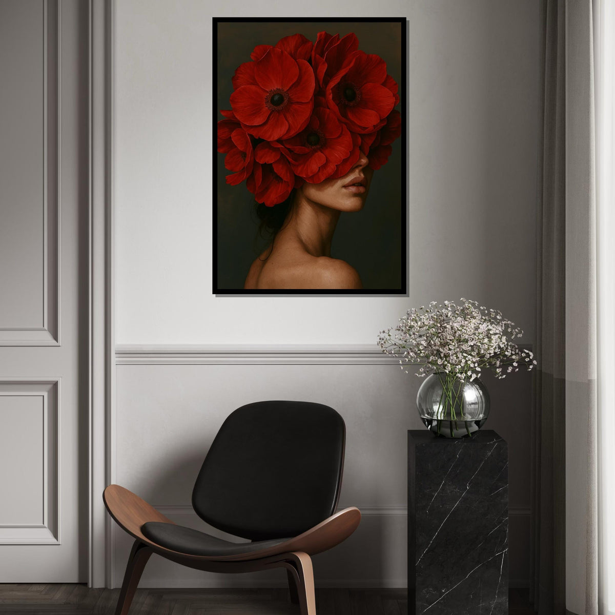 Red Bloom Headpiece Canvas, Floral Face Art, Elegant Woman Wall Art, Flower Canvas Design, Ready To Hang Home Decoration