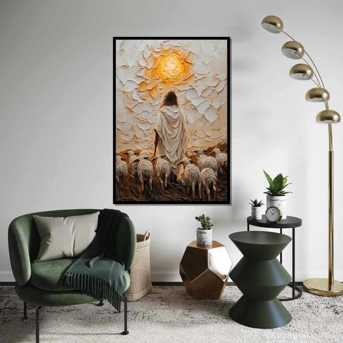 Shepherd and Sheep Canvas, Jesus Art, Ethereal Wall Art, Divine Glow Print, Wall Art Canvas Design, Framed Canvas Ready to Hang