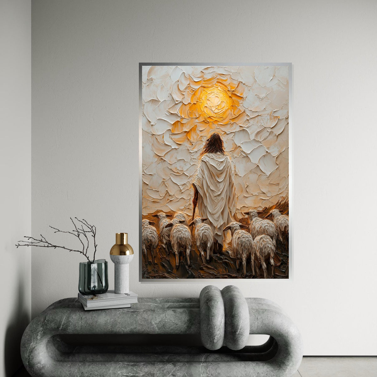 Shepherd and Sheep Canvas, Jesus Art, Ethereal Wall Art, Divine Glow Print, Wall Art Canvas Design, Framed Canvas Ready to Hang