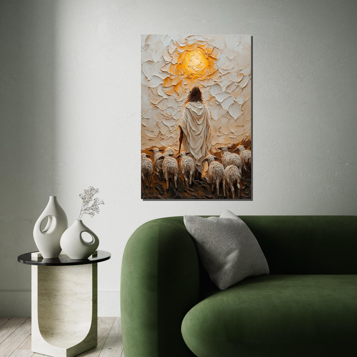 Shepherd and Sheep Canvas, Jesus Art, Ethereal Wall Art, Divine Glow Print, Wall Art Canvas Design, Framed Canvas Ready to Hang