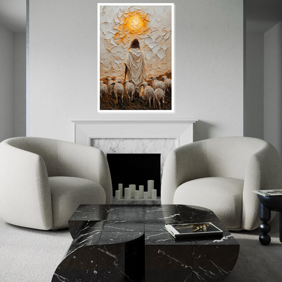 Shepherd and Sheep Canvas, Jesus Art, Ethereal Wall Art, Divine Glow Print, Wall Art Canvas Design, Framed Canvas Ready to Hang