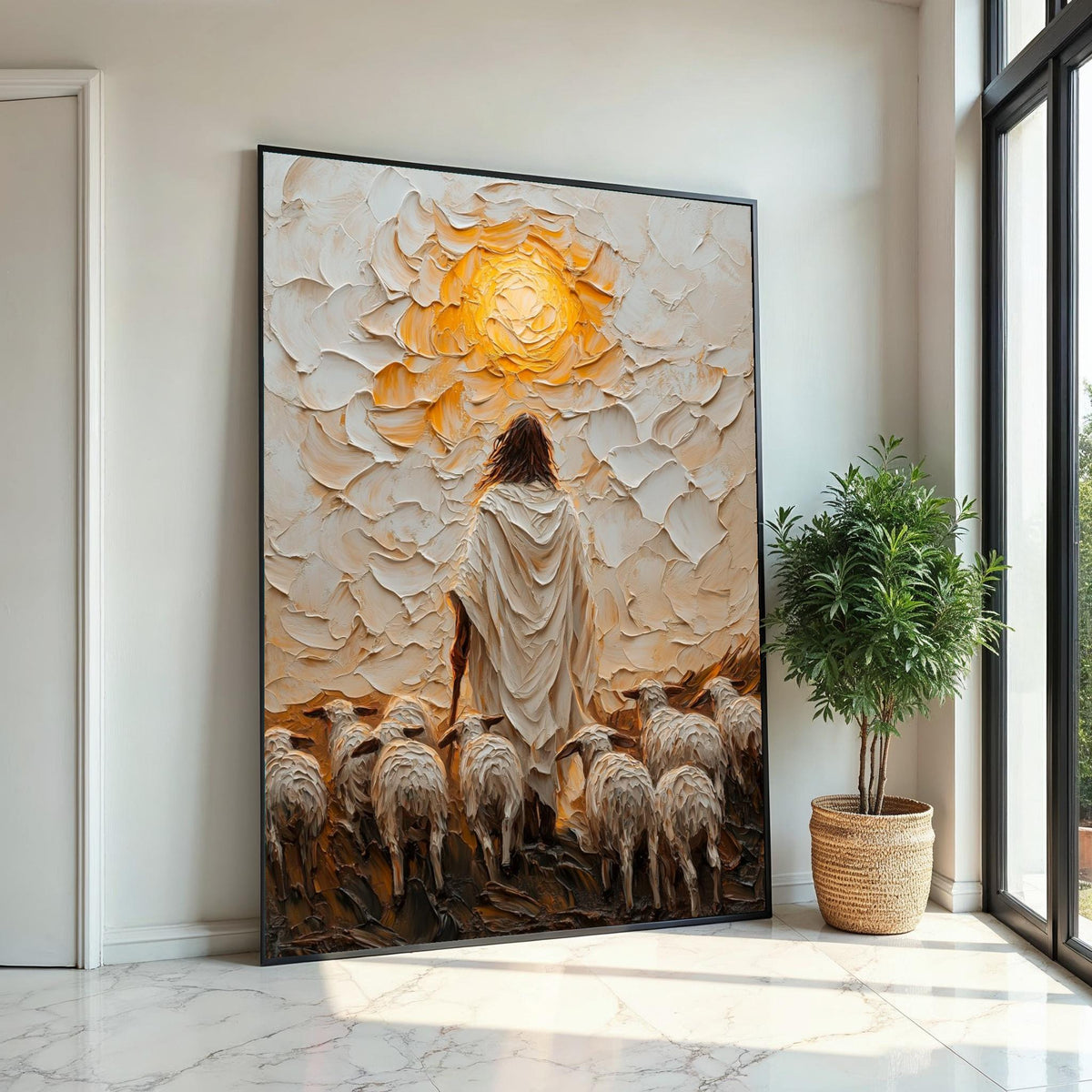 Shepherd and Sheep Canvas, Jesus Art, Ethereal Wall Art, Divine Glow Print, Wall Art Canvas Design, Framed Canvas Ready to Hang