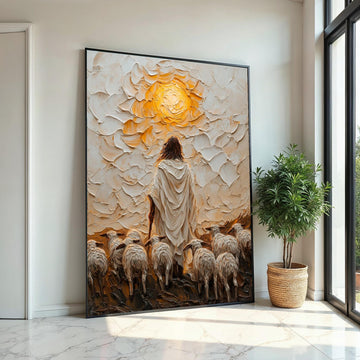 Shepherd and Sheep Canvas, Jesus Art, Ethereal Wall Art, Divine Glow Print, Wall Art Canvas Design, Framed Canvas Ready to Hang