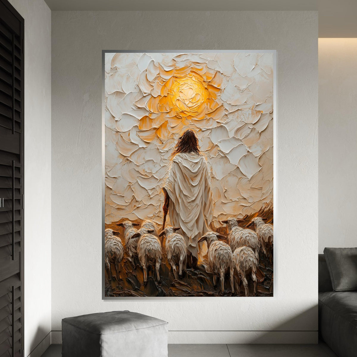 Shepherd and Sheep Canvas, Jesus Art, Ethereal Wall Art, Divine Glow Print, Wall Art Canvas Design, Framed Canvas Ready to Hang
