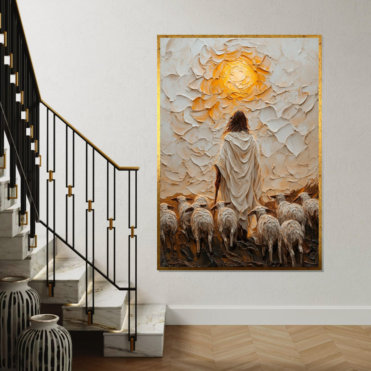 Shepherd and Sheep Canvas, Jesus Art, Ethereal Wall Art, Divine Glow Print, Wall Art Canvas Design, Framed Canvas Ready to Hang