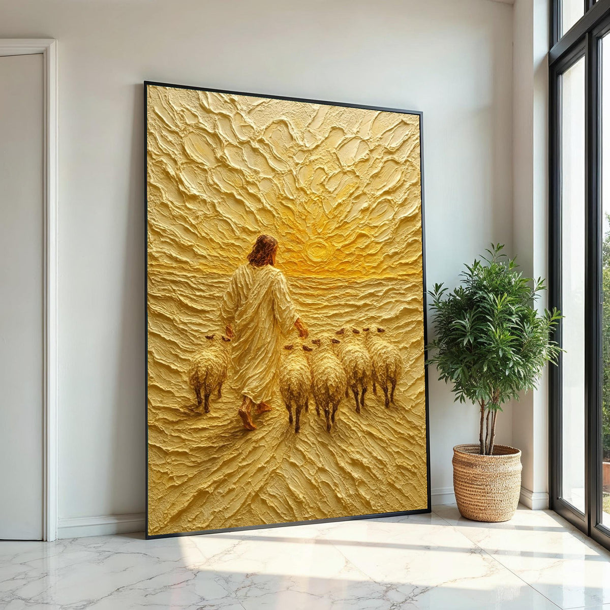 Shepherd Sunrise Canvas, Jesus with Sheep Art, Religious Wall Art, Textured Canvas Design, Spiritual Decor, Ready to Hang