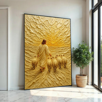 Shepherd Sunrise Canvas, Jesus with Sheep Art, Religious Wall Art, Textured Canvas Design, Spiritual Decor, Ready to Hang