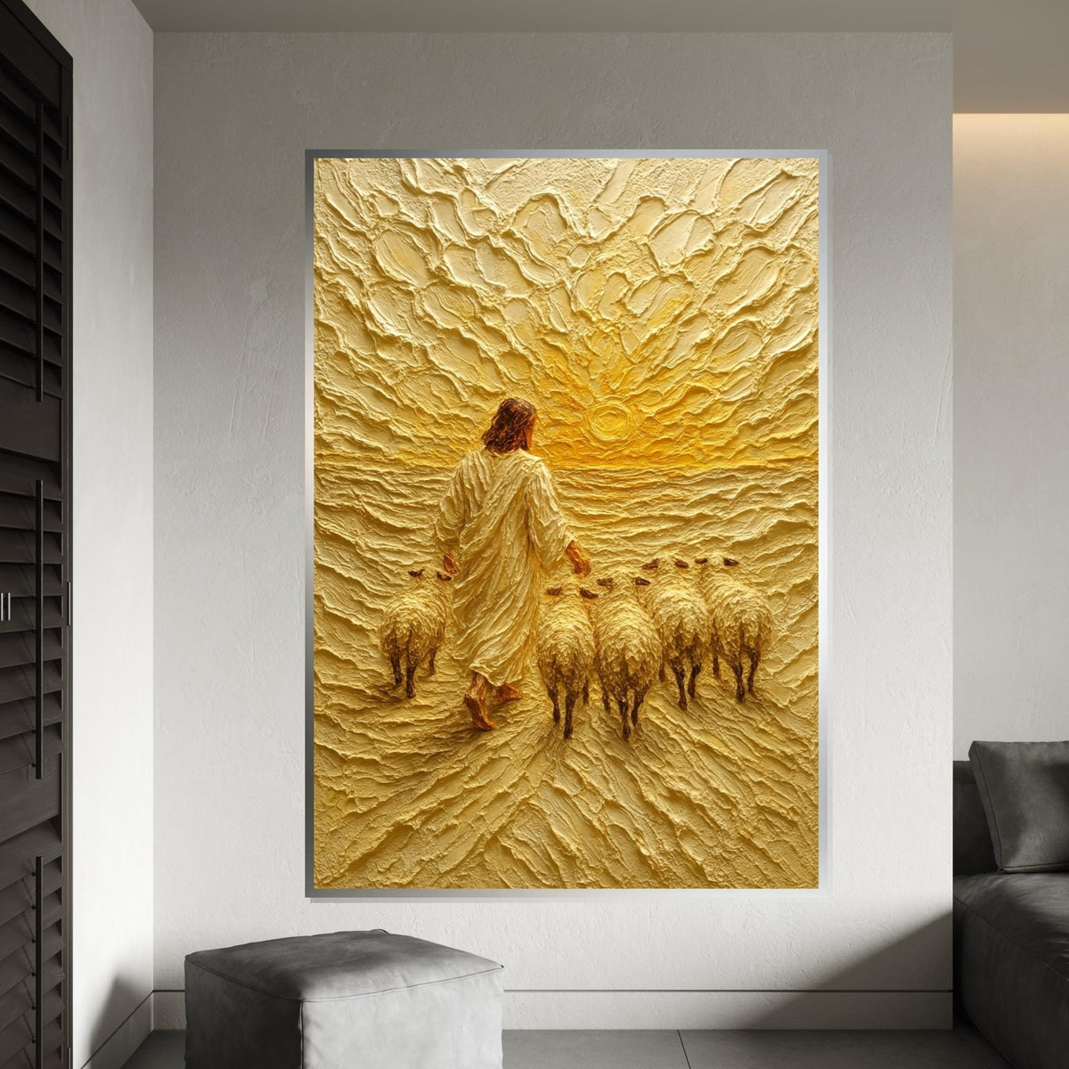 Shepherd Sunrise Canvas, Jesus with Sheep Art, Religious Wall Art, Textured Canvas Design, Spiritual Decor, Ready to Hang