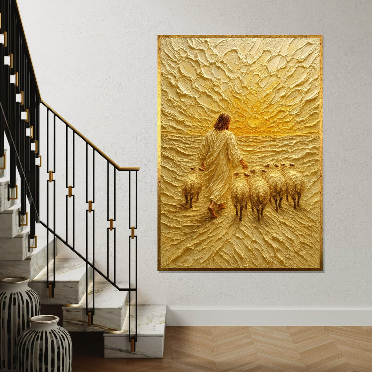 Shepherd Sunrise Canvas, Jesus with Sheep Art, Religious Wall Art, Textured Canvas Design, Spiritual Decor, Ready to Hang