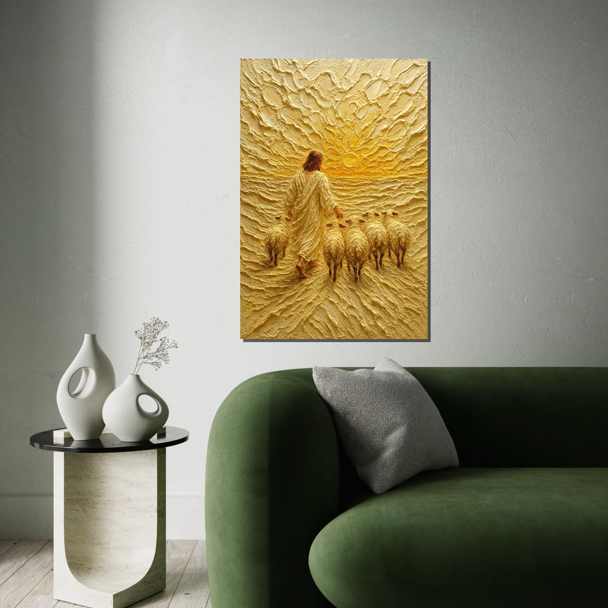 Shepherd Sunrise Canvas, Jesus with Sheep Art, Religious Wall Art, Textured Canvas Design, Spiritual Decor, Ready to Hang