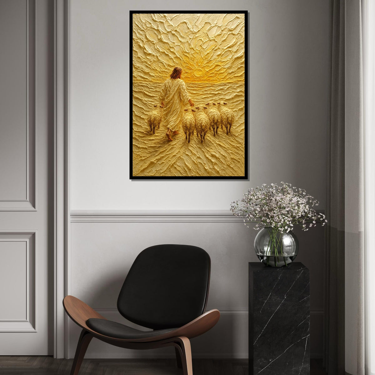 Shepherd Sunrise Canvas, Jesus with Sheep Art, Religious Wall Art, Textured Canvas Design, Spiritual Decor, Ready to Hang