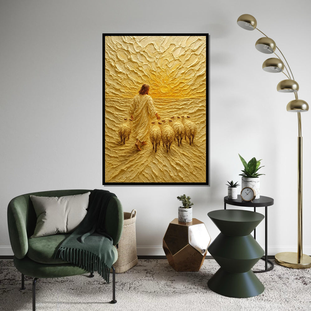 Shepherd Sunrise Canvas, Jesus with Sheep Art, Religious Wall Art, Textured Canvas Design, Spiritual Decor, Ready to Hang