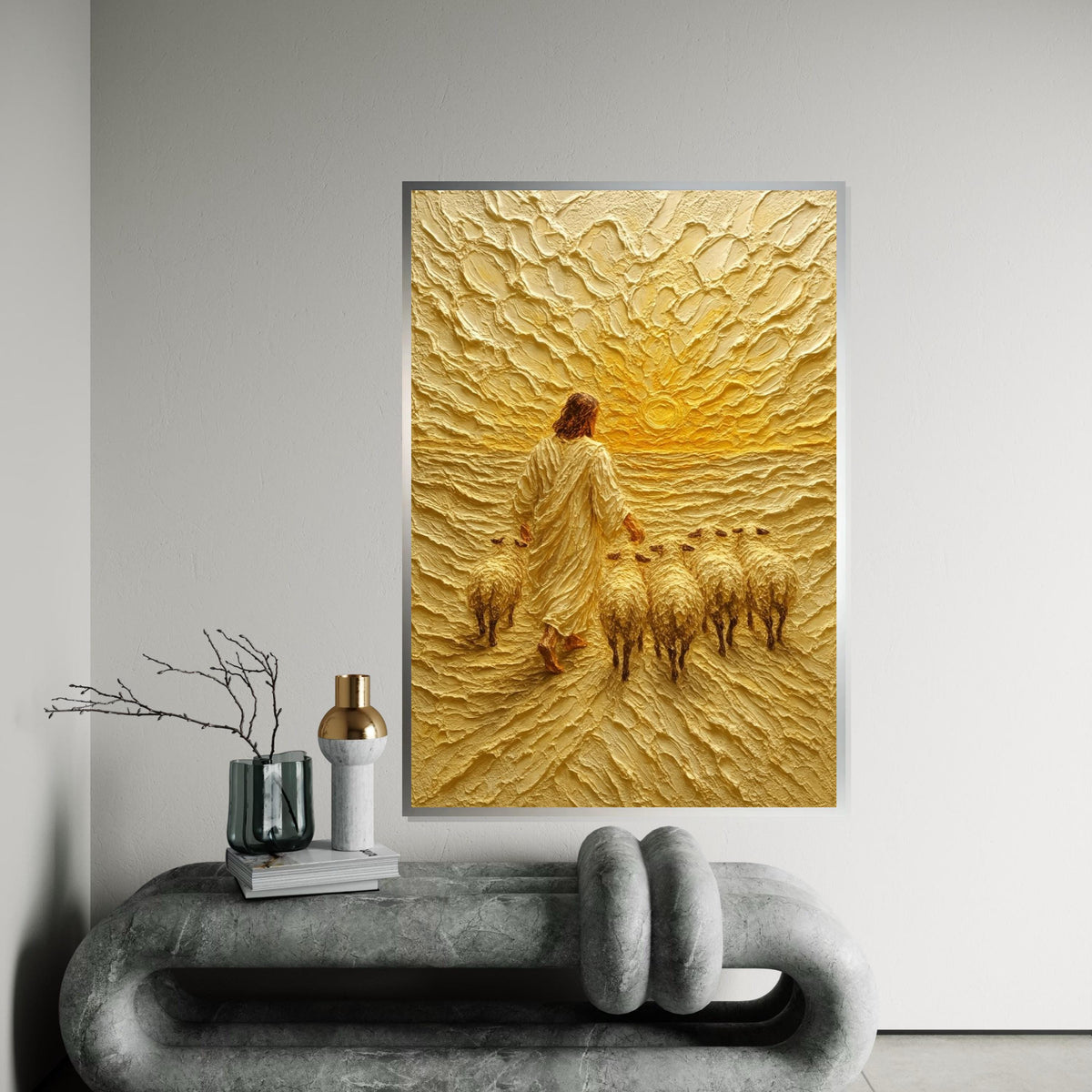 Shepherd Sunrise Canvas, Jesus with Sheep Art, Religious Wall Art, Textured Canvas Design, Spiritual Decor, Ready to Hang