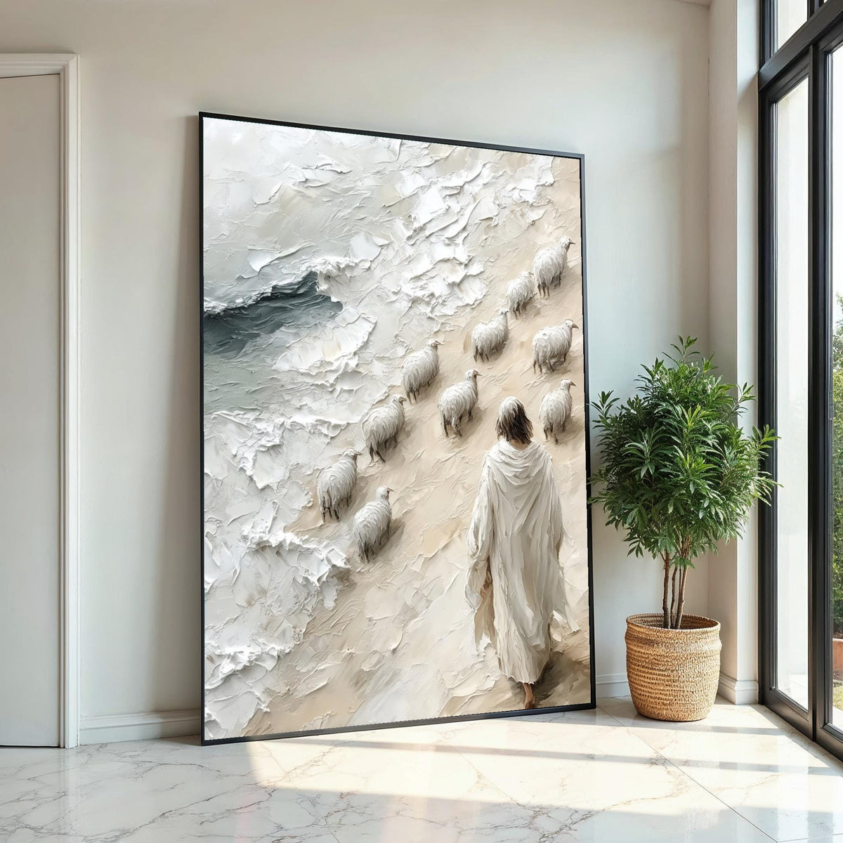 Shepherd with Sheep Canvas, Religious Art, Jesus Walking by Sea, Spiritual Wall Art, Canvas Design, Ready to Hang Decoration